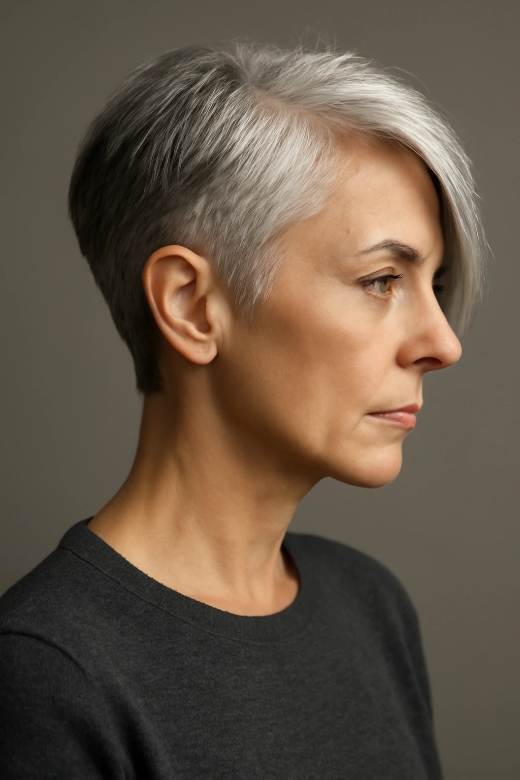Asymmetrical gray haircut with uneven lengths