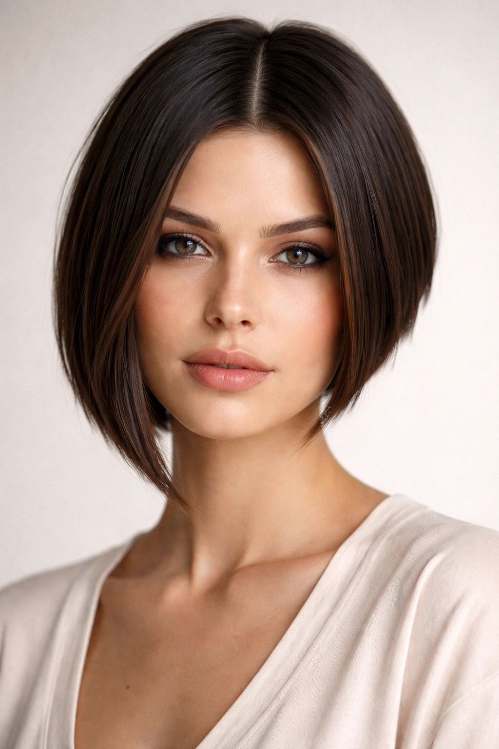 Asymmetrical haircut with weighted middle part and clear length difference.