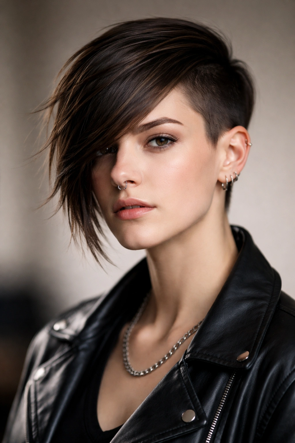 Portrait of a person with a side-swept asymmetrical haircut featuring a longer swept side and a shorter undercut