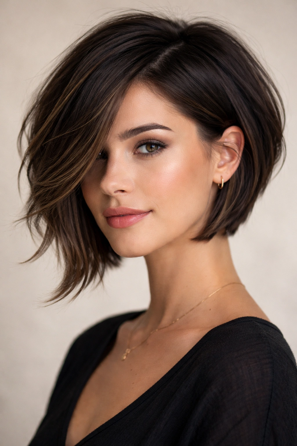 Portrait of asymmetrical layered bob with uneven side lengths.