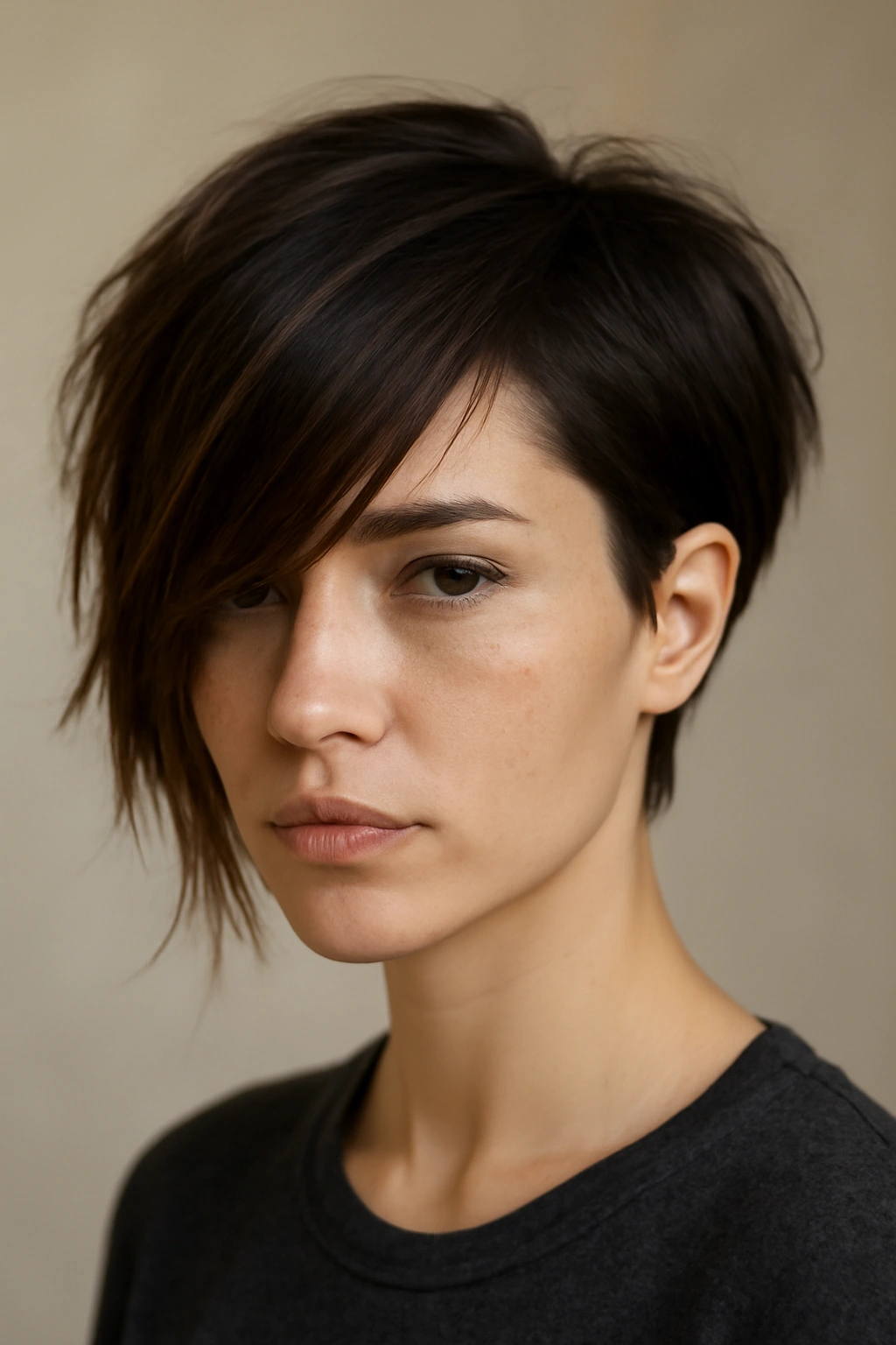 Close-up of asymmetrical short layers with angled bangs highlighting edgy face framing