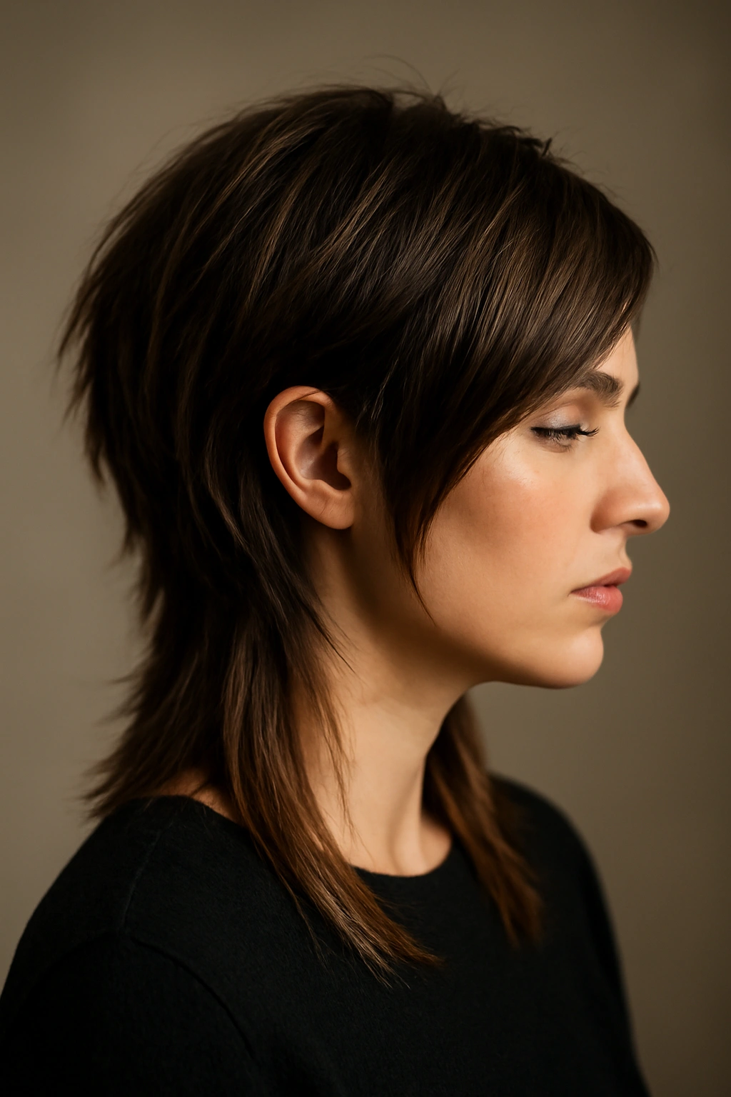 Profile view of asymmetrical layered hair showing dramatic length difference