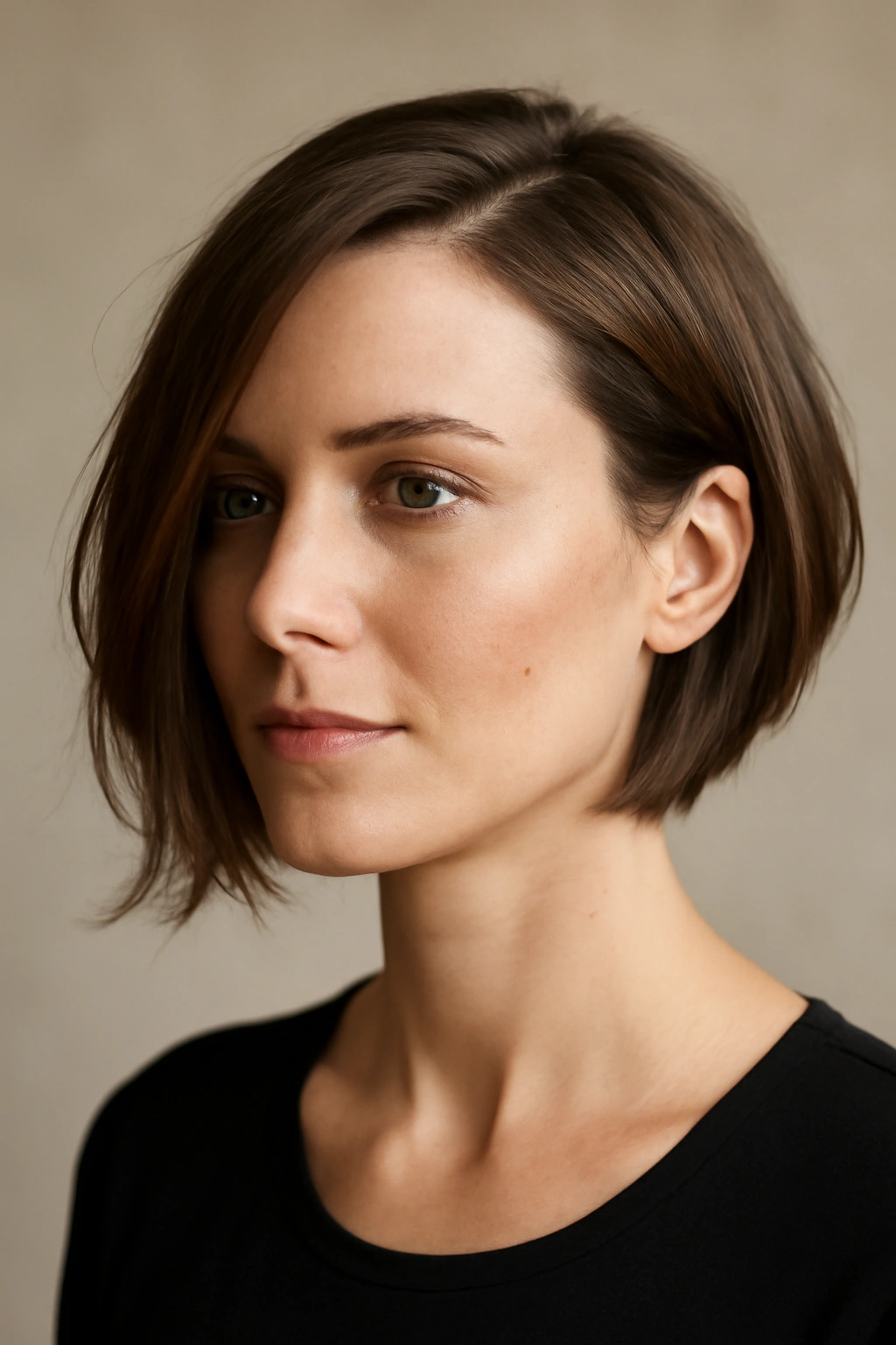 Close-up of asymmetrical lob with a notably shorter side, bold modern haircut.