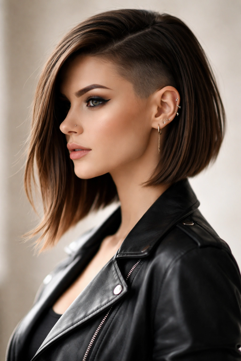 Asymmetrical lob with shaved side shown in a three-quarter view highlighting the contrast