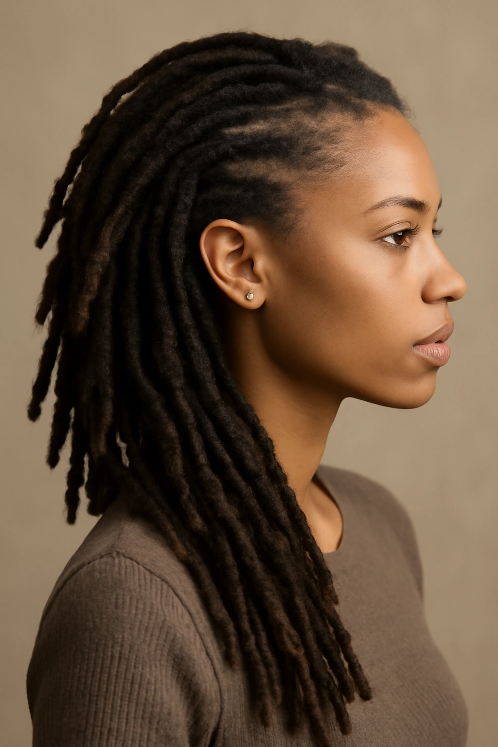 Profile portrait of locs with an asymmetrical, fuller side