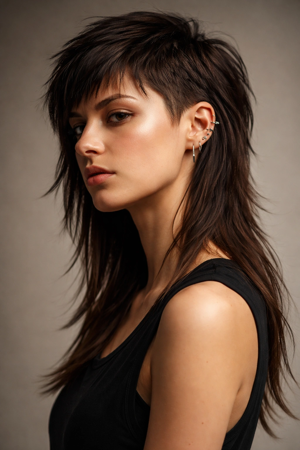 Portrait of asymmetrical mullet with off-center lengths for bold style