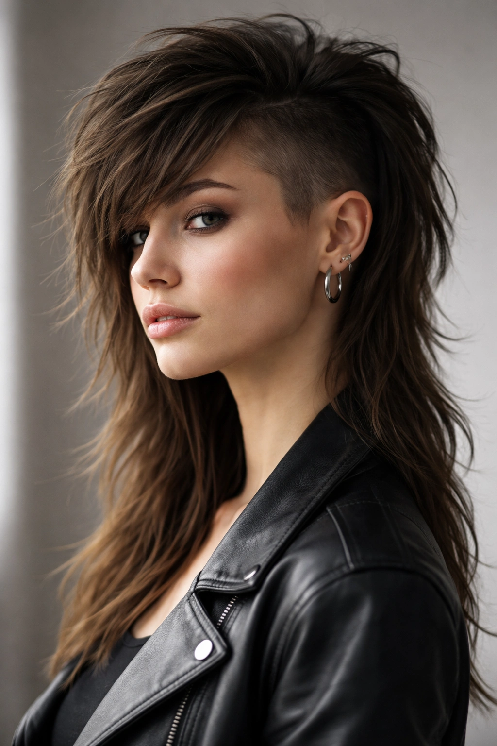 Profile portrait showing bold asymmetrical mullet with uneven sides and longer back