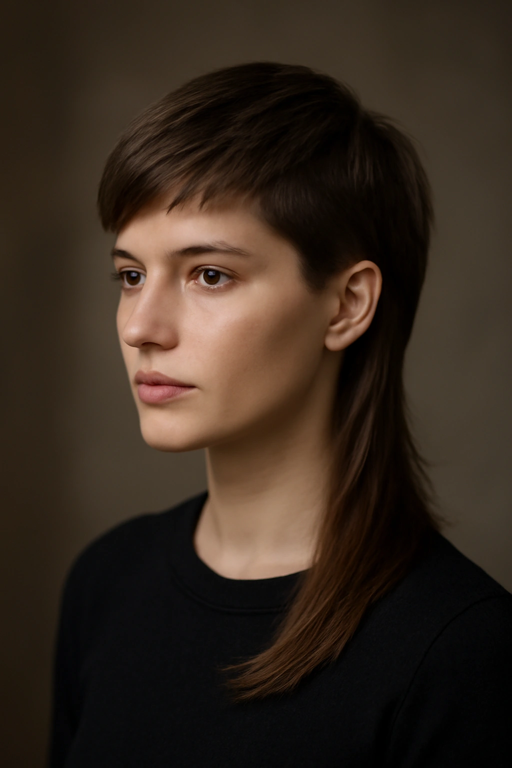 Asymmetrical mullet with uneven lengths in a fashion-forward portrait