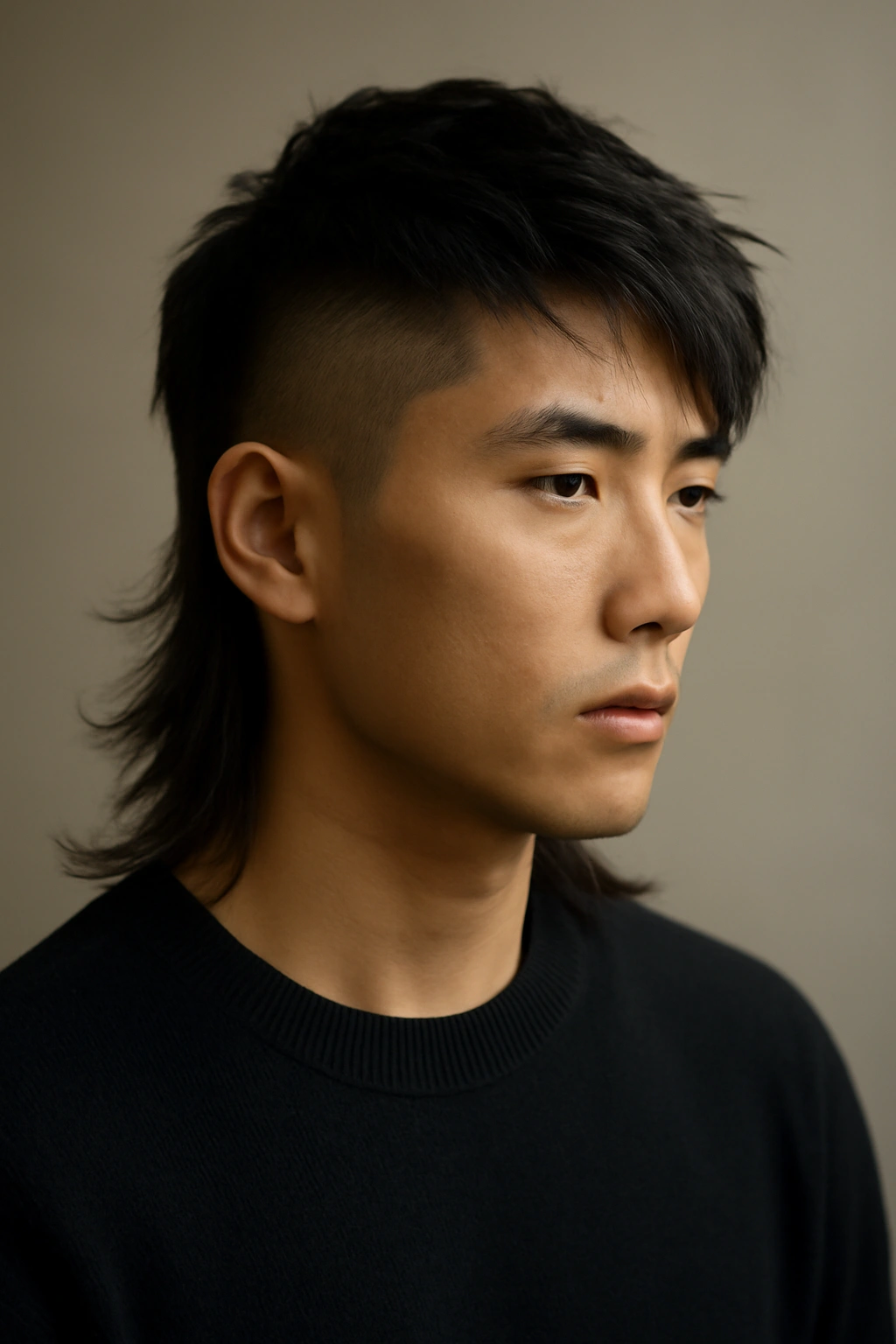 Portrait of person with asymmetrical mullet showing uneven sides and angled back