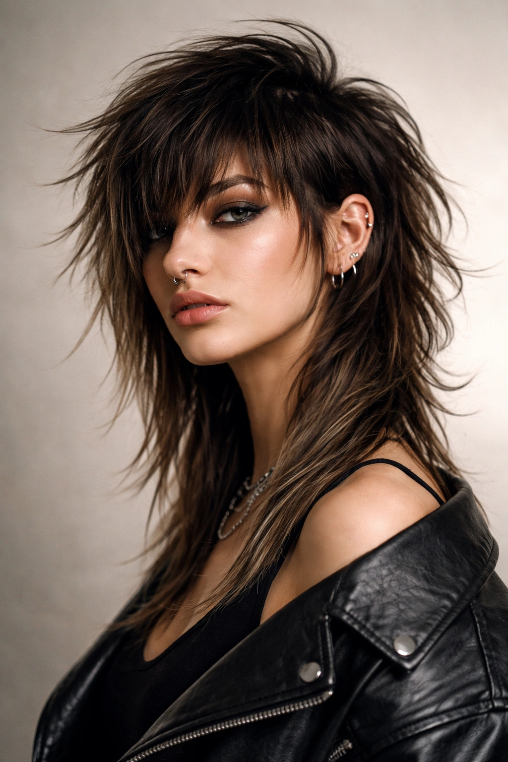 Asymmetrical Mullet Shag with uneven left-right lengths in studio portrait
