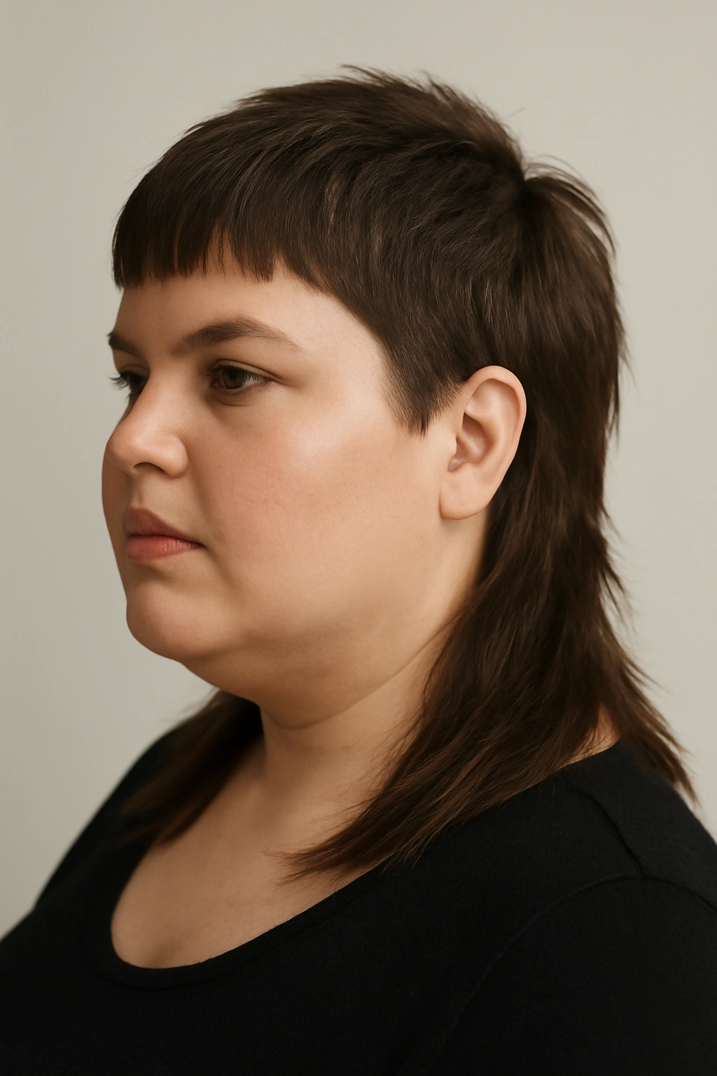 Asymmetrical mullet show longer side on a plus-size model in studio portrait