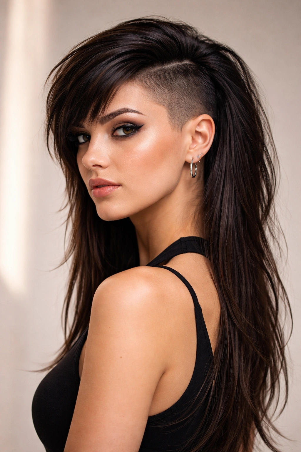 Portrait of a person with an asymmetrical mullet showing one short side and one long side