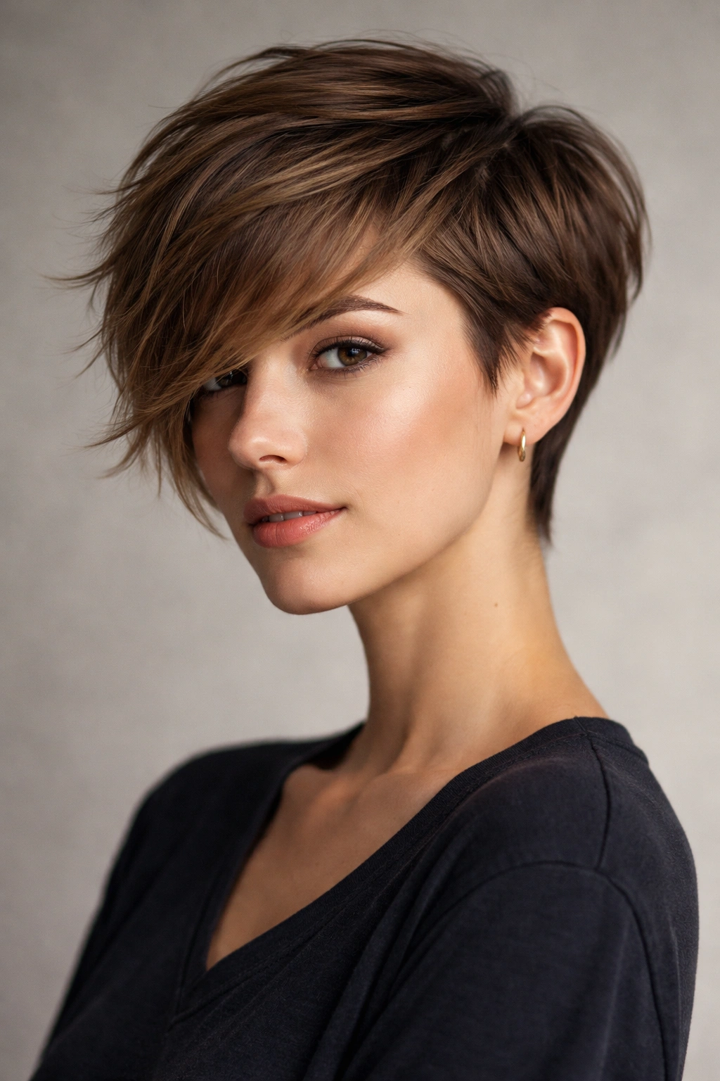 Asymmetrical pixie with longer and shorter sides showing directional styling.