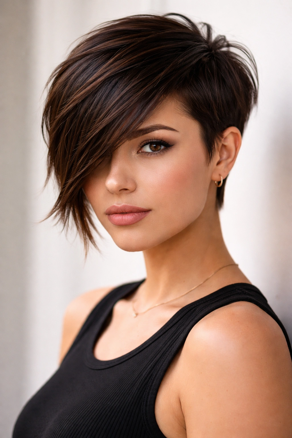 Asymmetrical pixie with dramatic long bangs and bold uneven lengths