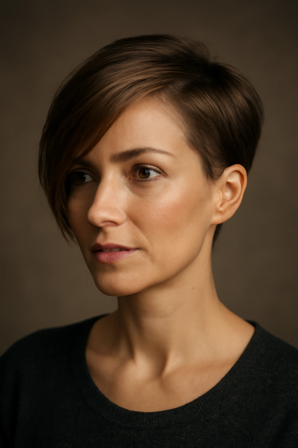 Portrait of a woman with an asymmetrical pixie showing one longer side