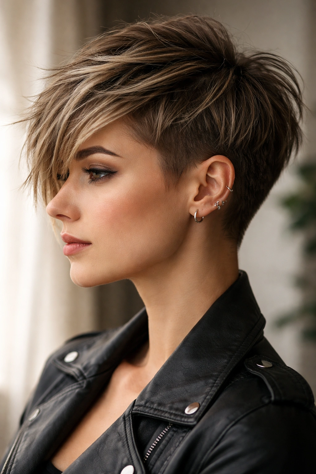 Asymmetrical choppy pixie showing longer side and shorter undercut side