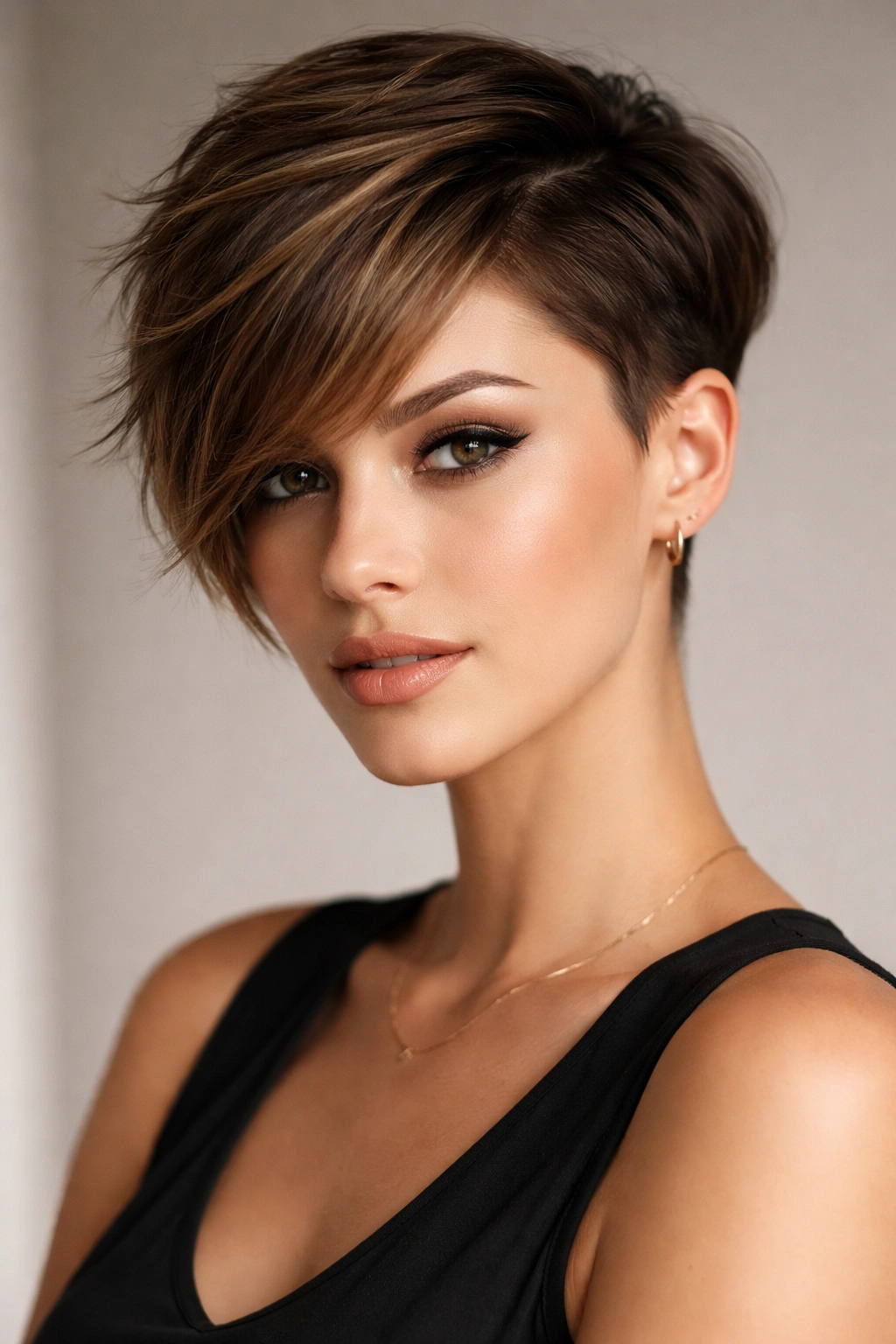 Portrait of a person with an asymmetrical pixie featuring one side longer than the other.