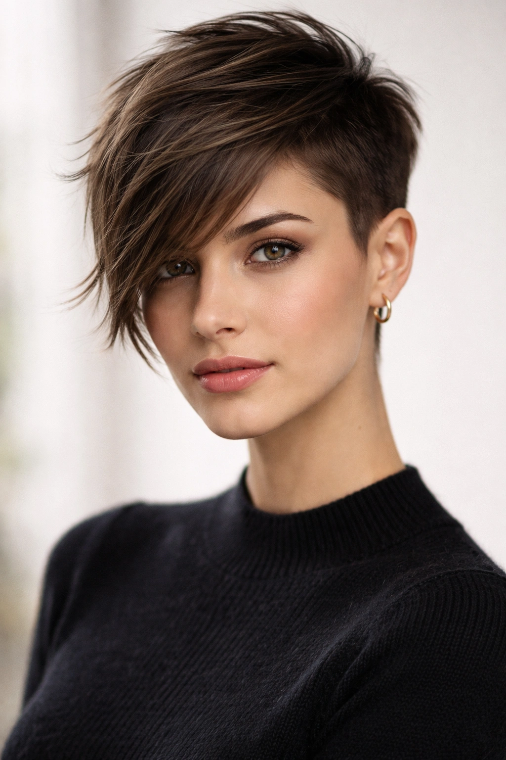 Portrait highlighting an asymmetrical pixie with a very short side and longer opposite side.