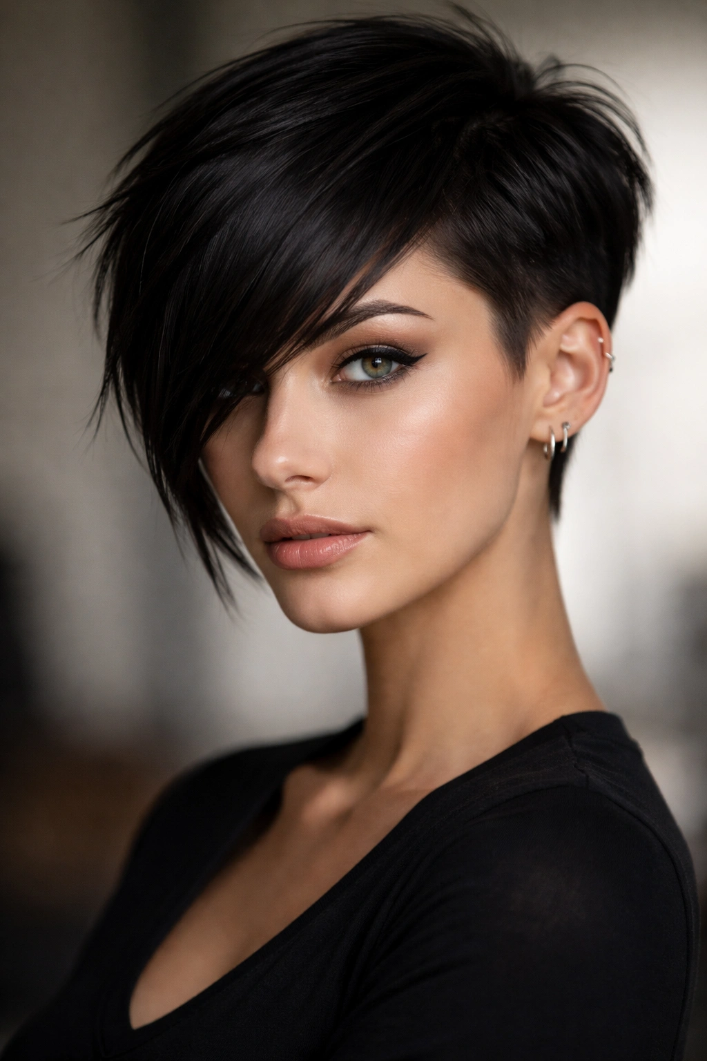 Model wearing an asymmetrical pixie with uneven lengths.