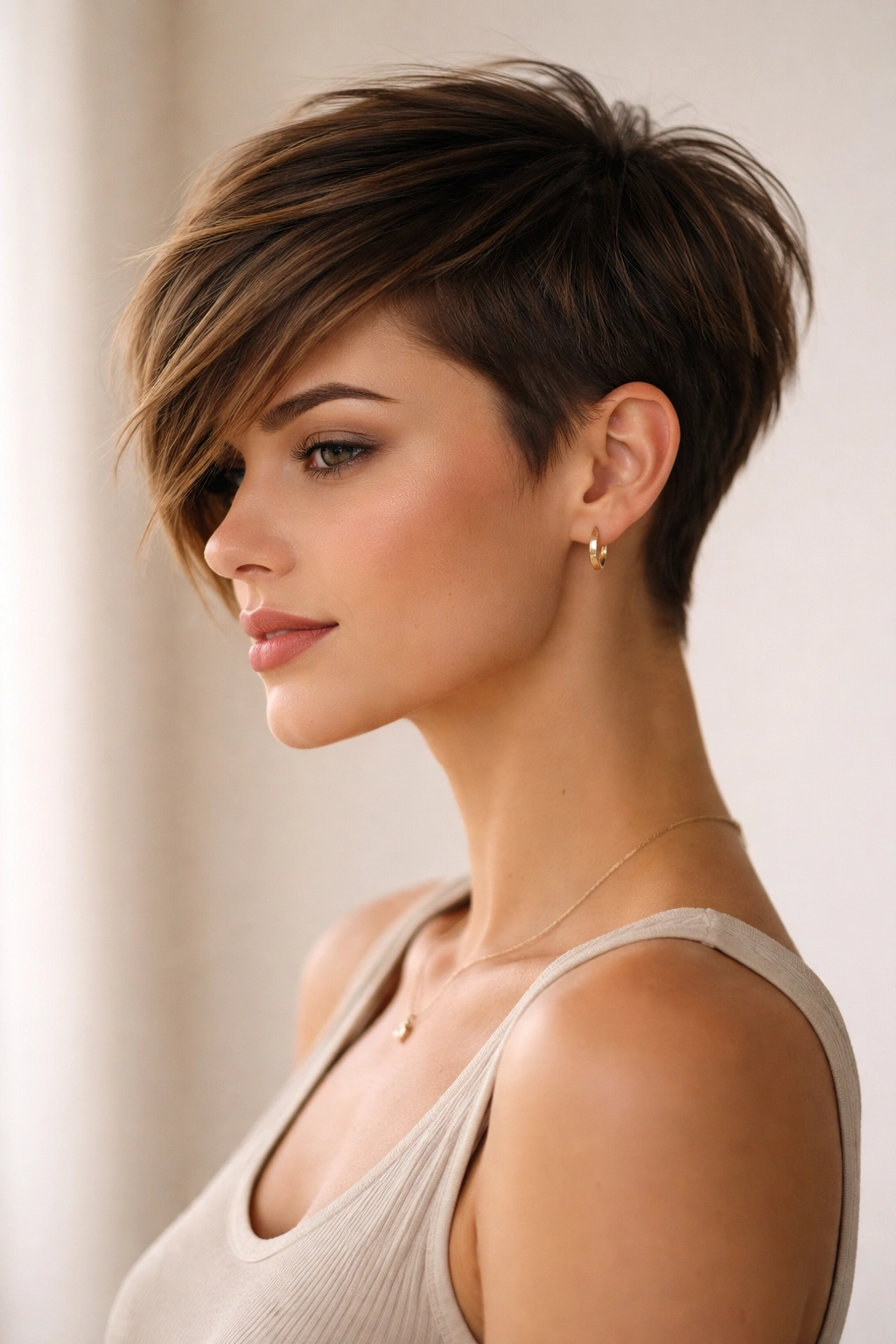 Three-quarter view of The Asymmetrical Pixie hairstyle on a model in a studio
