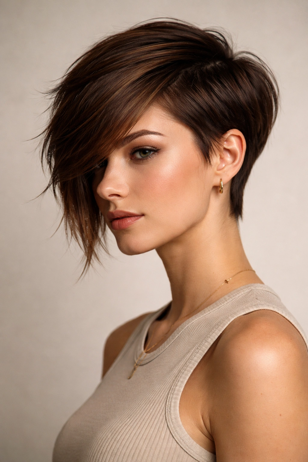 Portrait of asymmetrical long pixie cut with one side longer, creating dynamic silhouette.