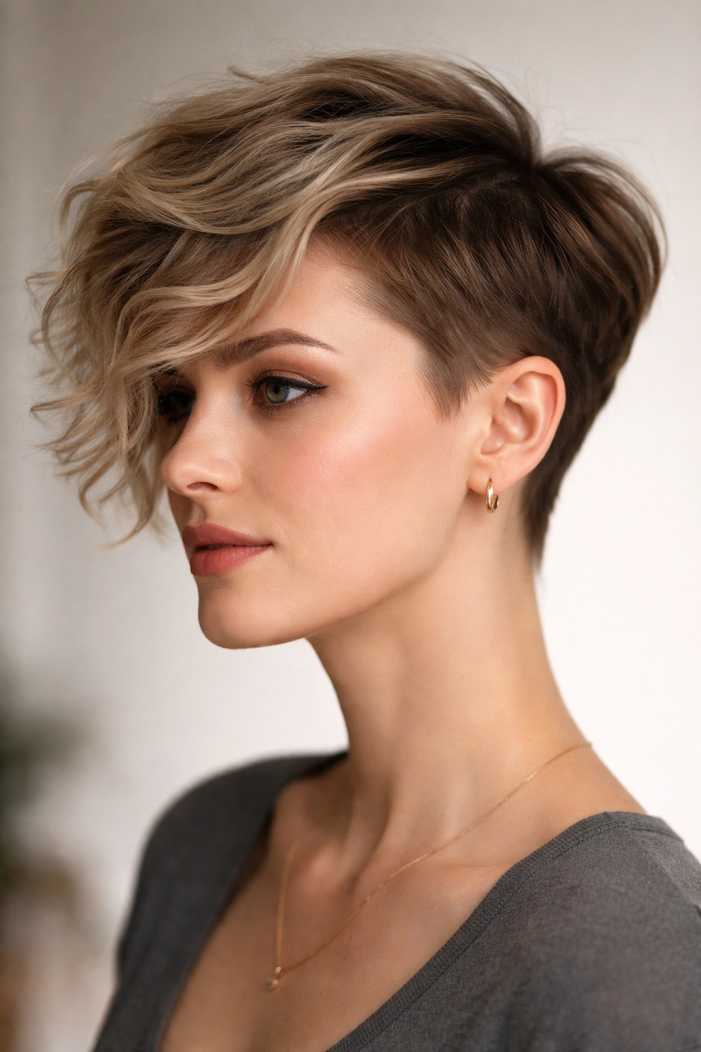 Asymmetrical pixie haircut with longer waved side on fine hair