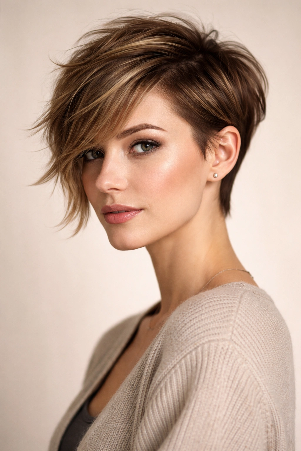 Head-and-shoulders portrait of asymmetrical pixie with one longer side on a rectangular face