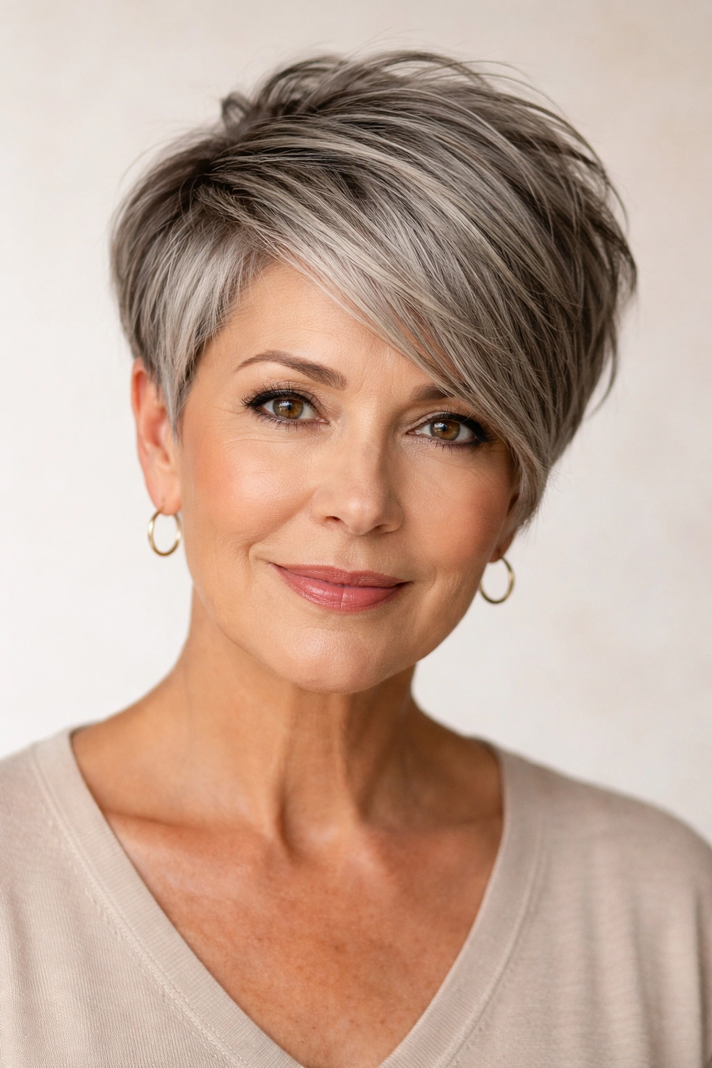 Asymmetrical pixie on a round-face silhouette showing diagonal lines and contrast.