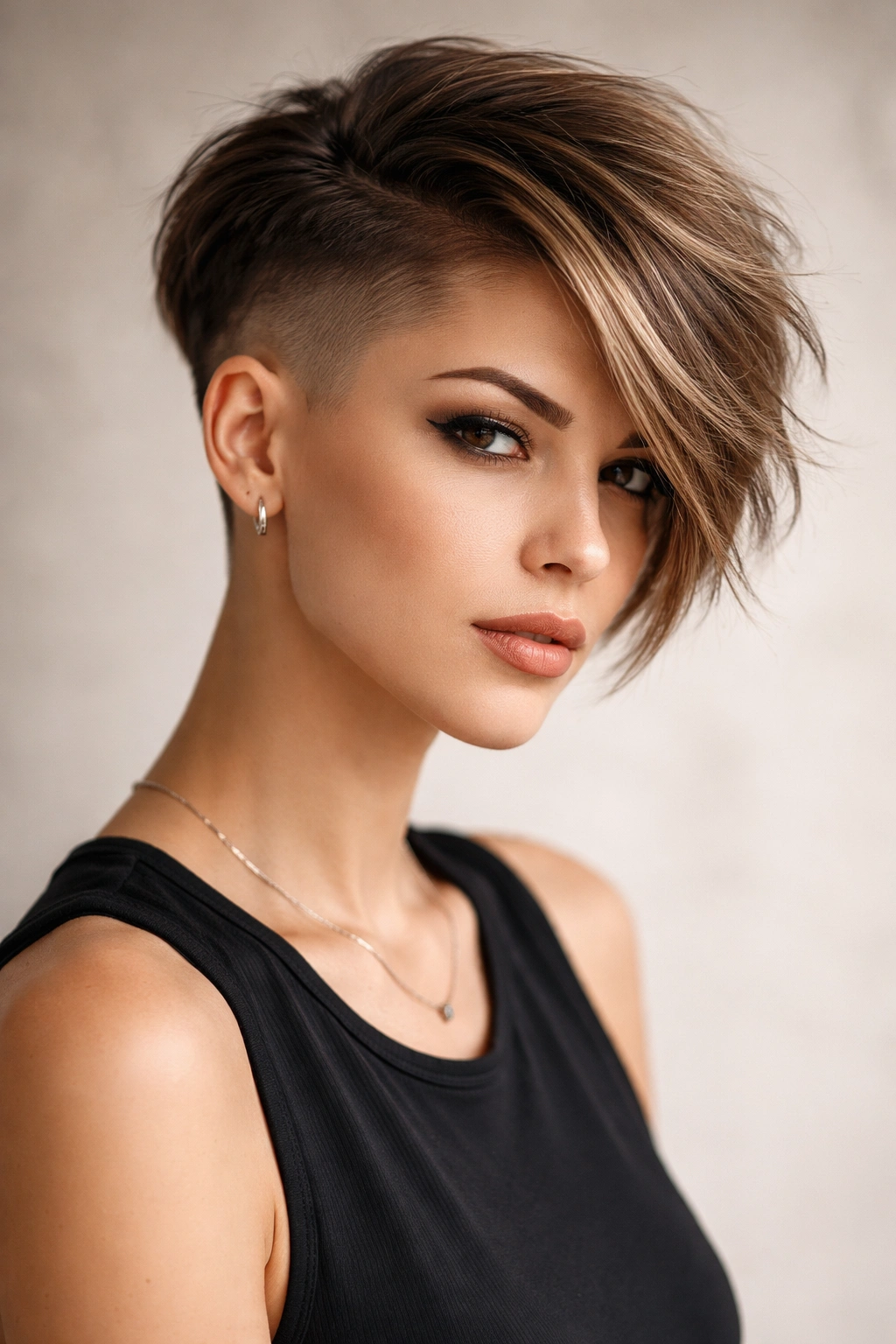 Portrait of a model with one shaved side and longer hair on the other, highlighting asymmetrical pixie design