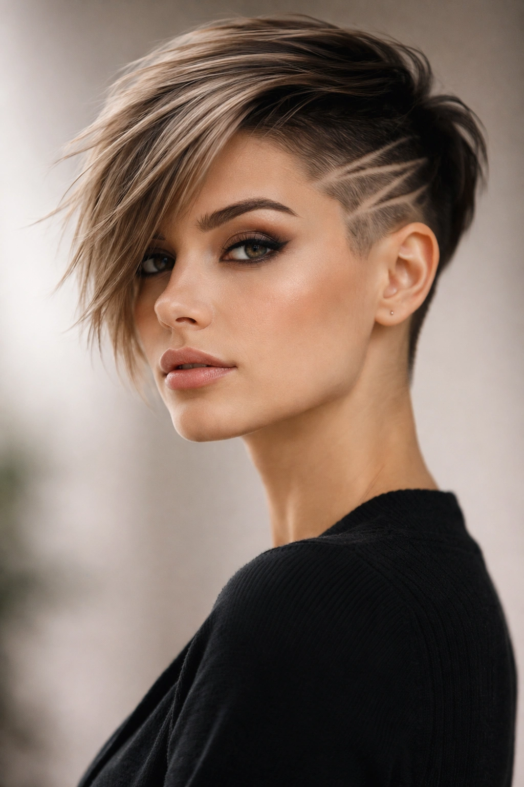 Portrait of a woman with an asymmetrical pixie and shaved detail on one side