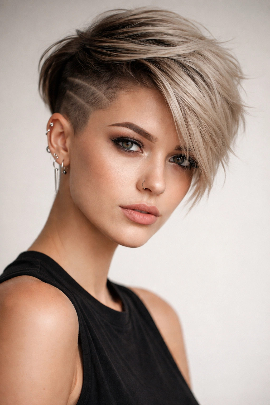 Asymmetrical pixie with shaved side and longer opposite side