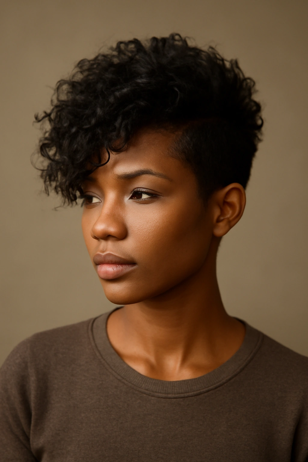 Portrait of a person with a textured asymmetrical pixie hairstyle