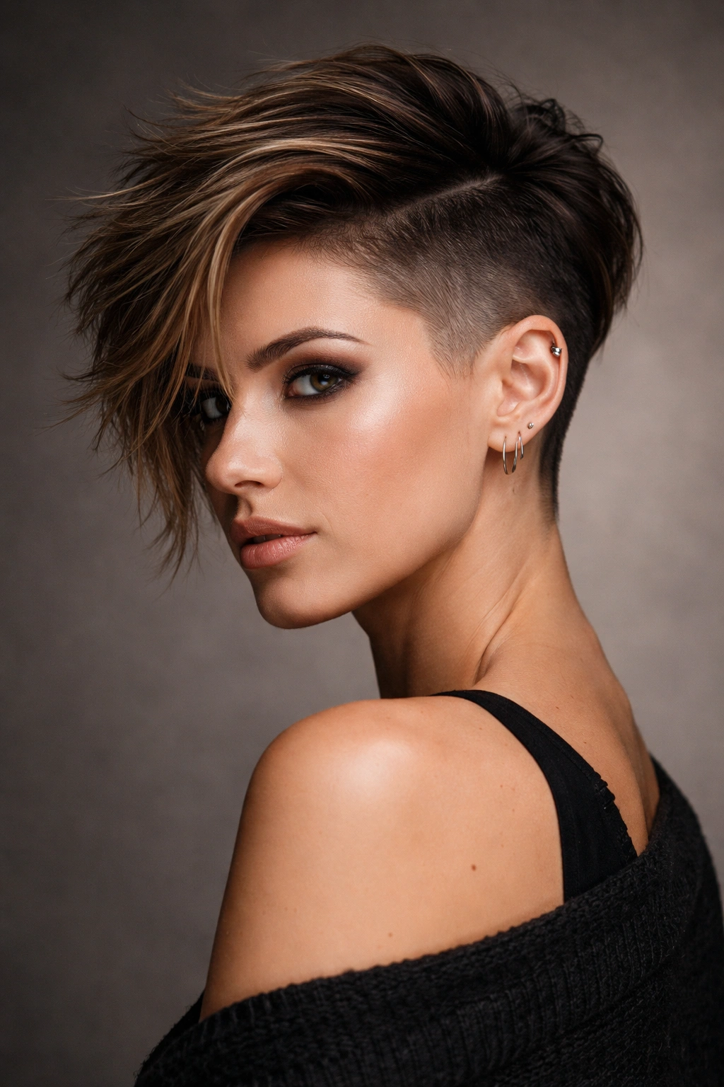 Portrait of Asymmetrical Pixie with Undercut showing uneven lengths and dramatic sweep