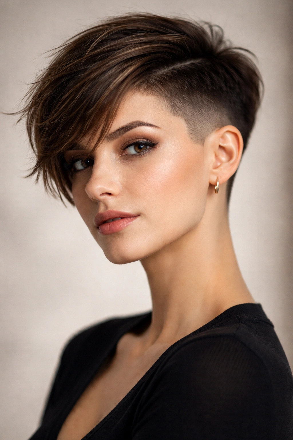 Asymmetrical pixie with undercut showing bold contrast