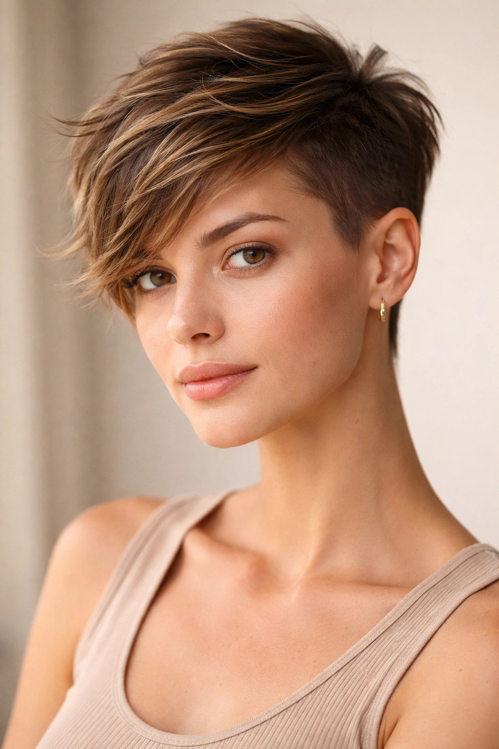 Close-up of asymmetrical pixie with shorter side and textured longer top