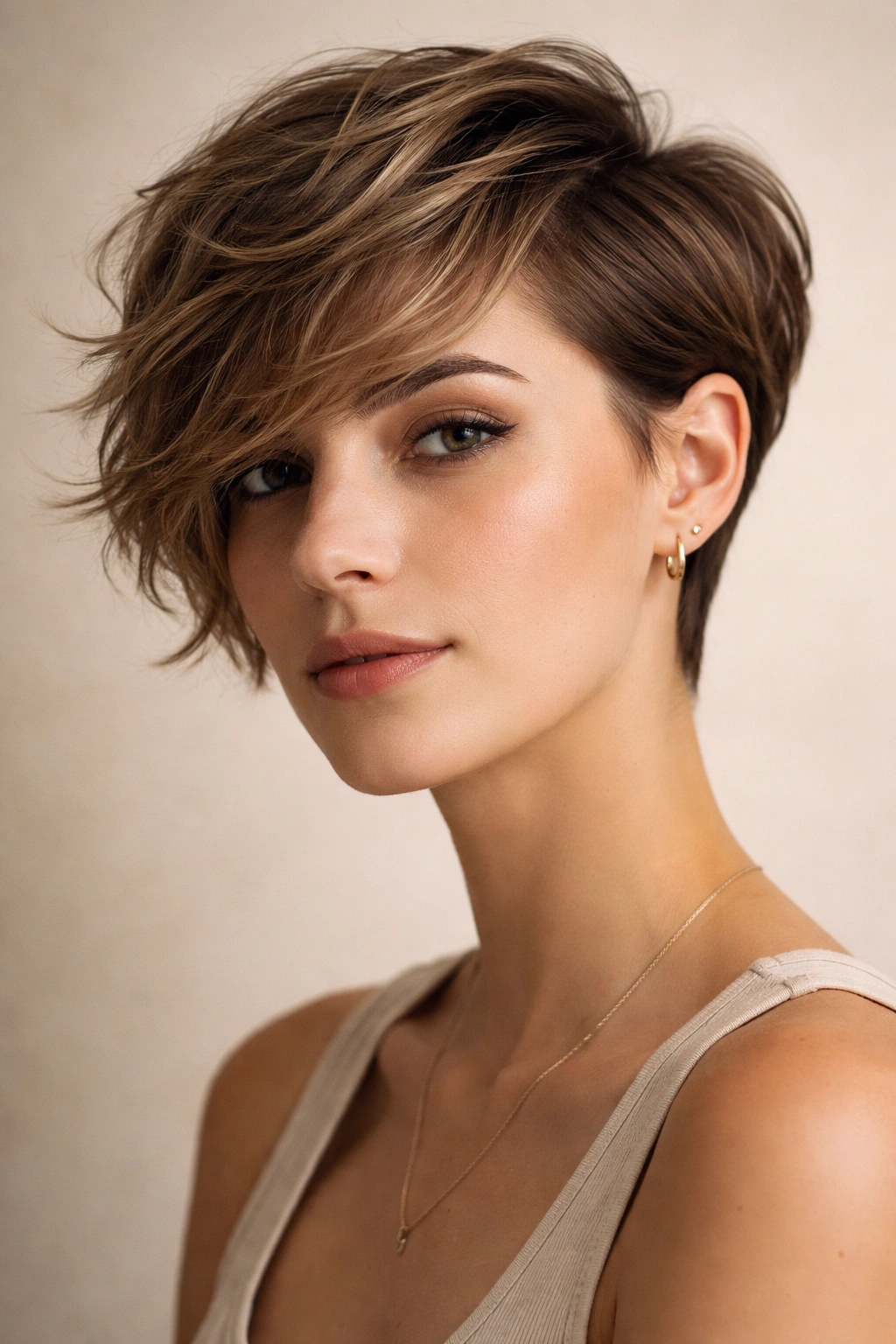 Asymmetrical wavy pixie with short and long sides texture emphasized