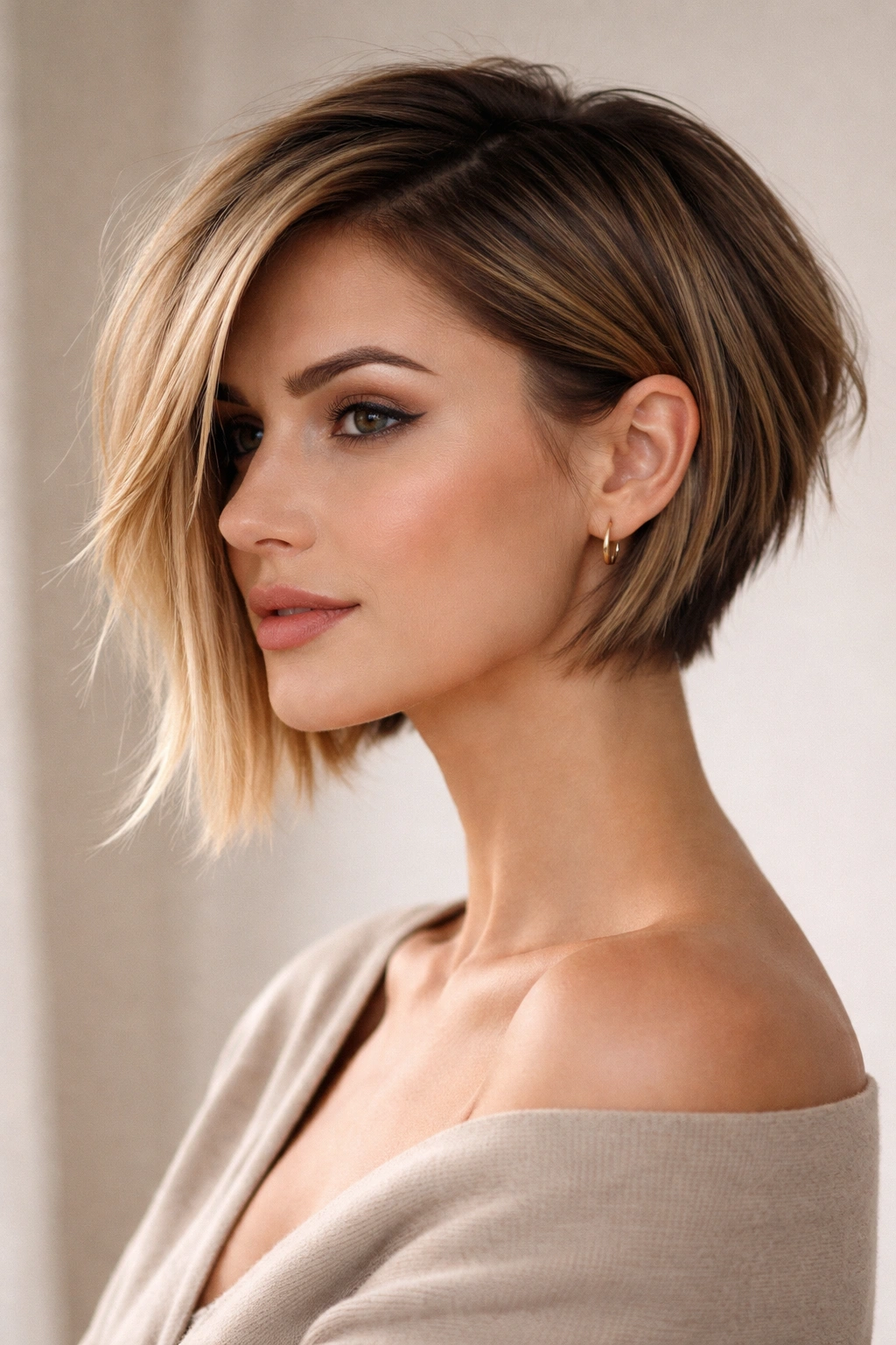 Asymmetrical razor bob showing short side and longer opposite side