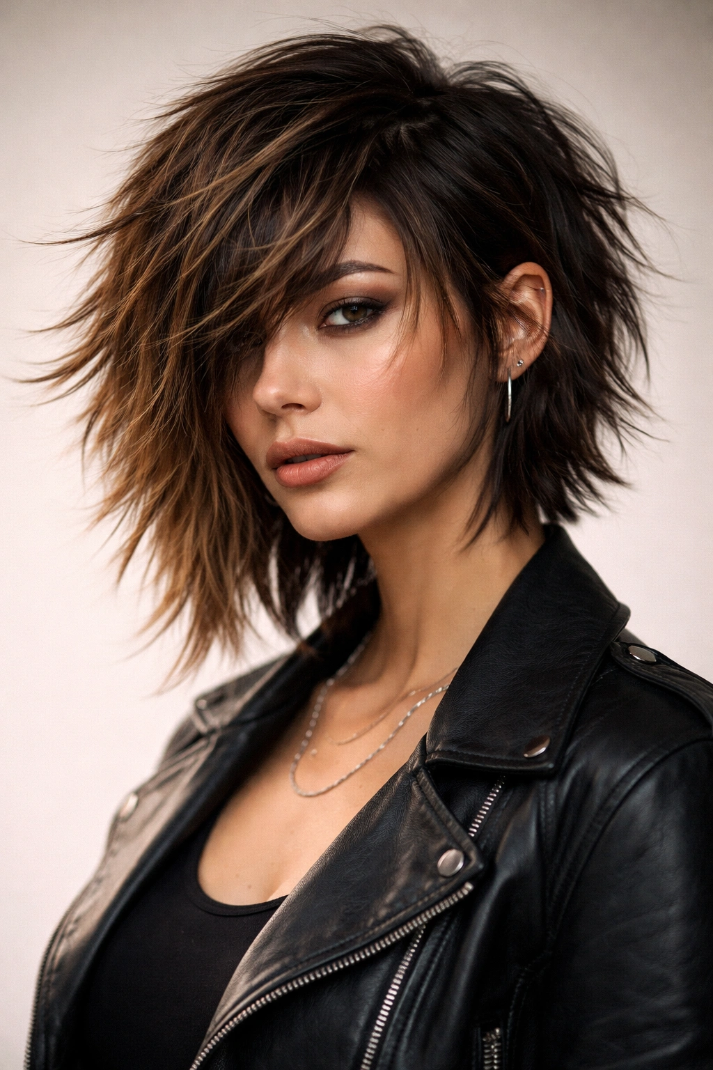 Person with asymmetrical shag showing a noticeably shorter side and textured layers.