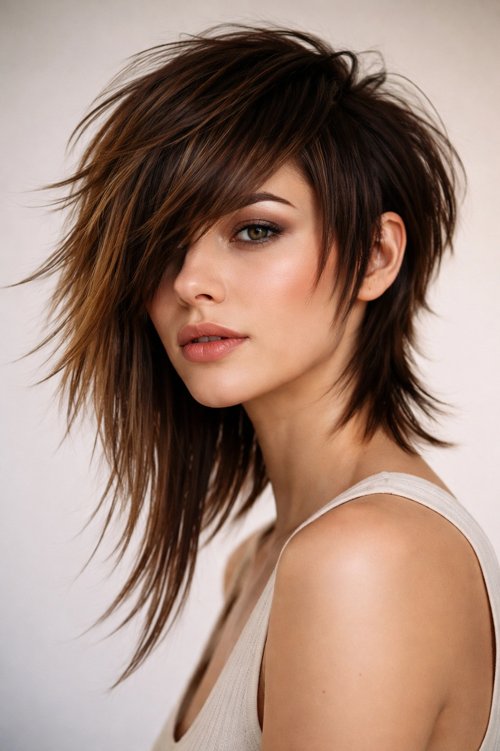 Asymmetrical shag with extended side sweep bangs, dramatic length difference