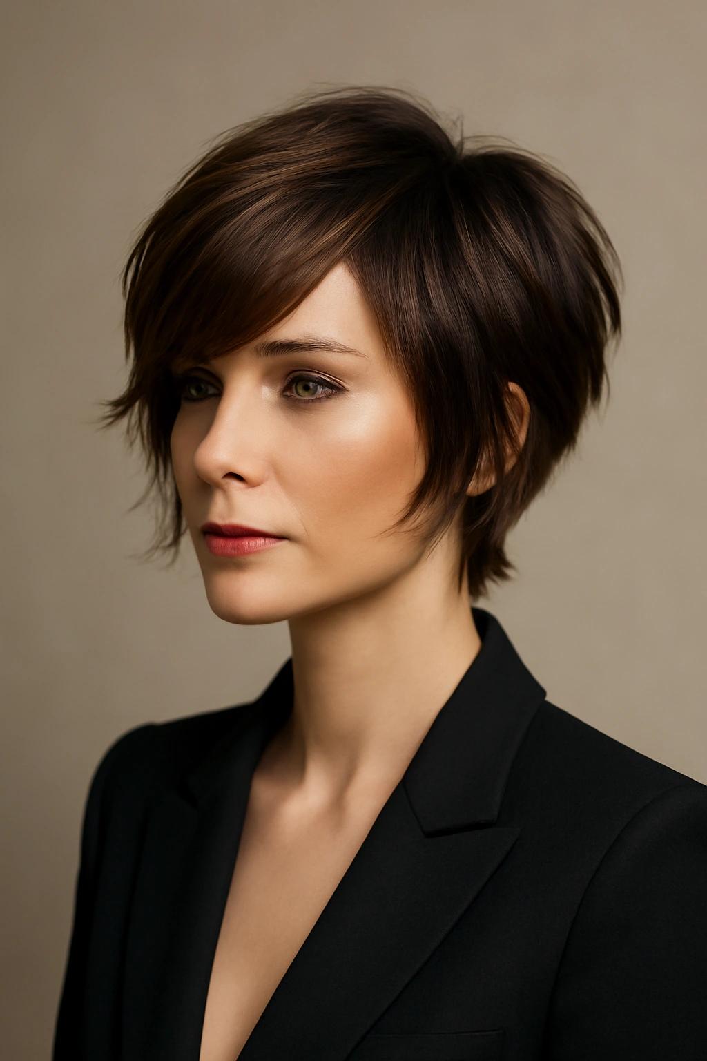 Asymmetrical shag with longer front pieces and shorter back styled polished
