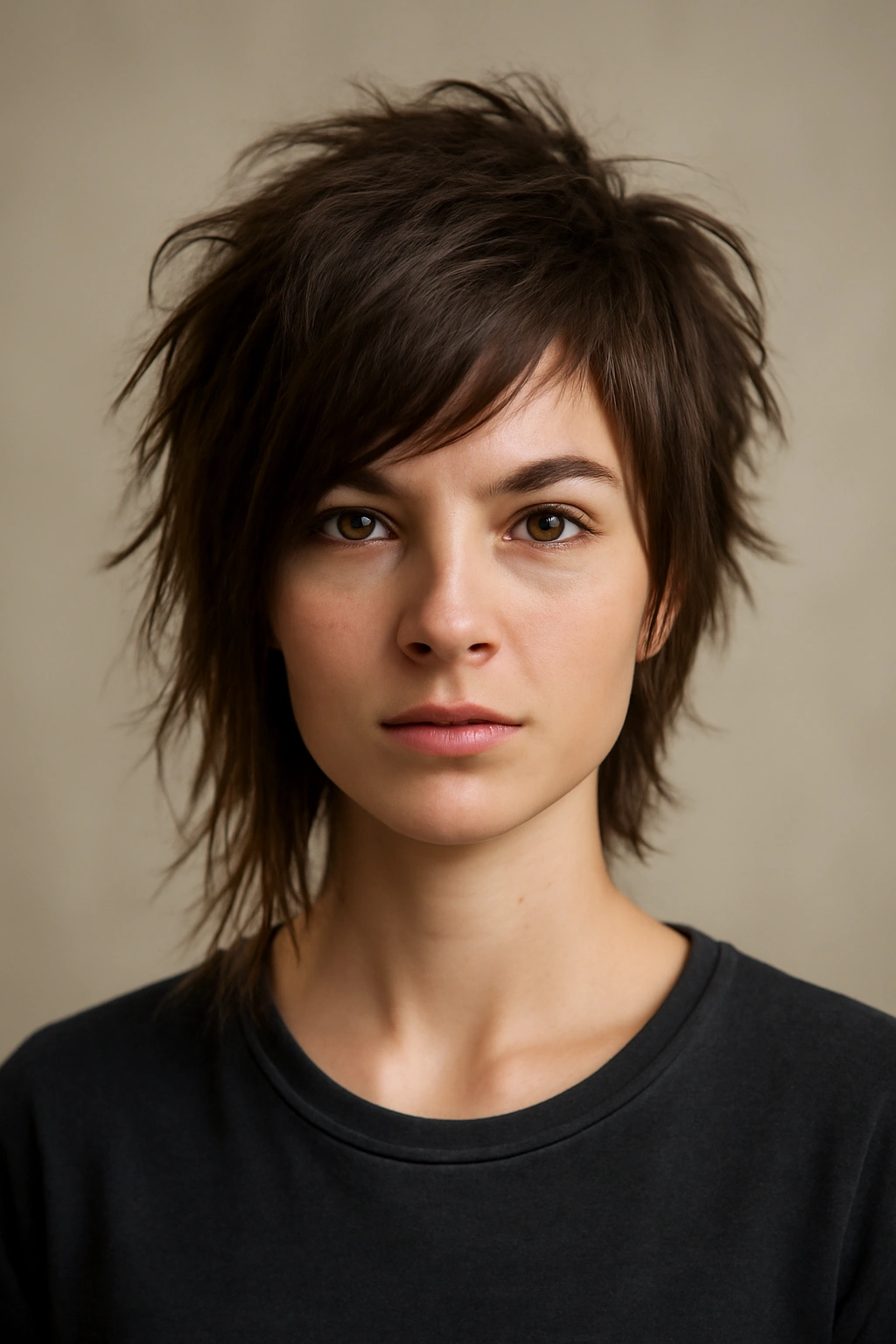 Close-up of an asymmetrical shag hairstyle with uneven lengths and textured layers.