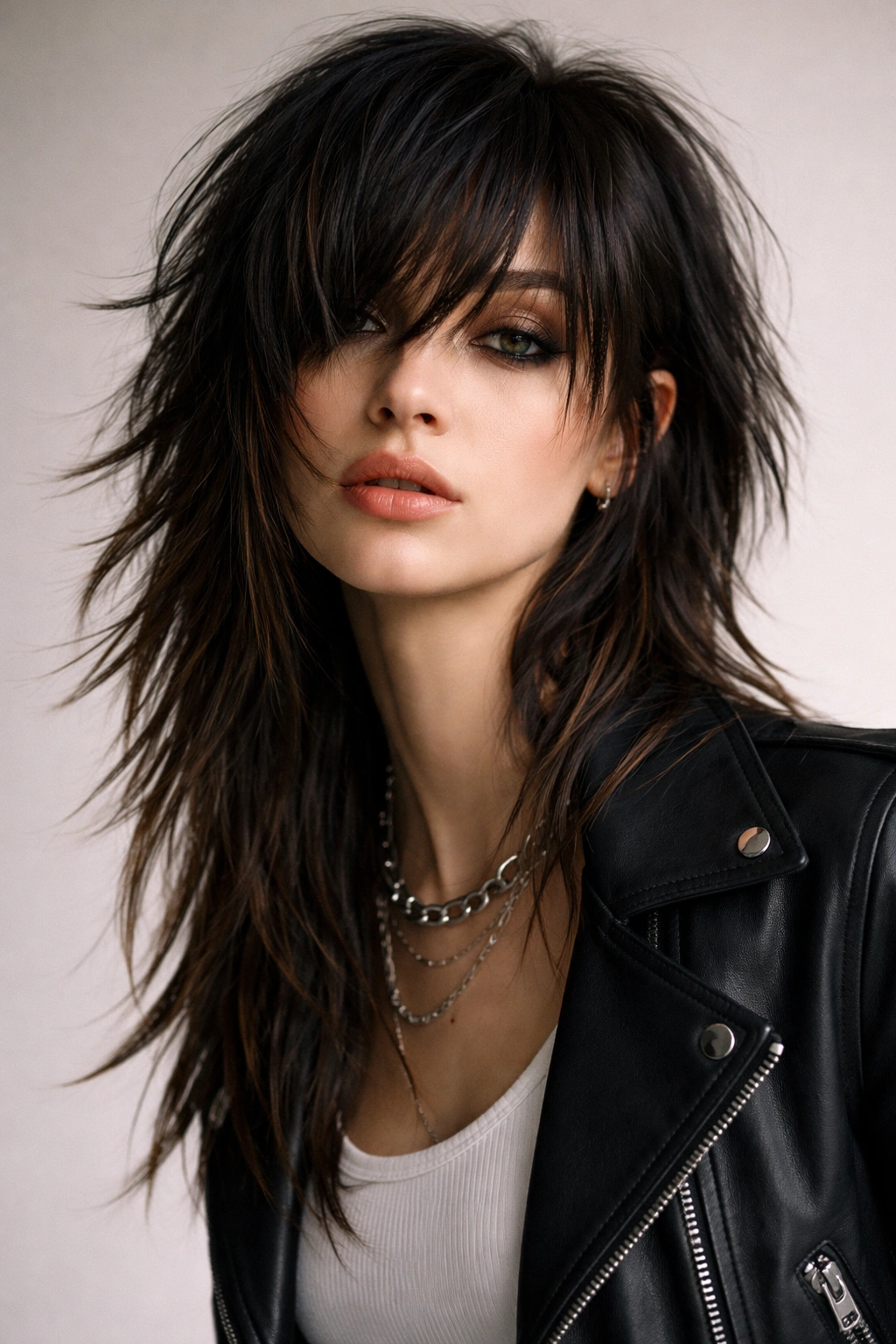 Bold asymmetrical shag with uneven lengths creating dramatic movement