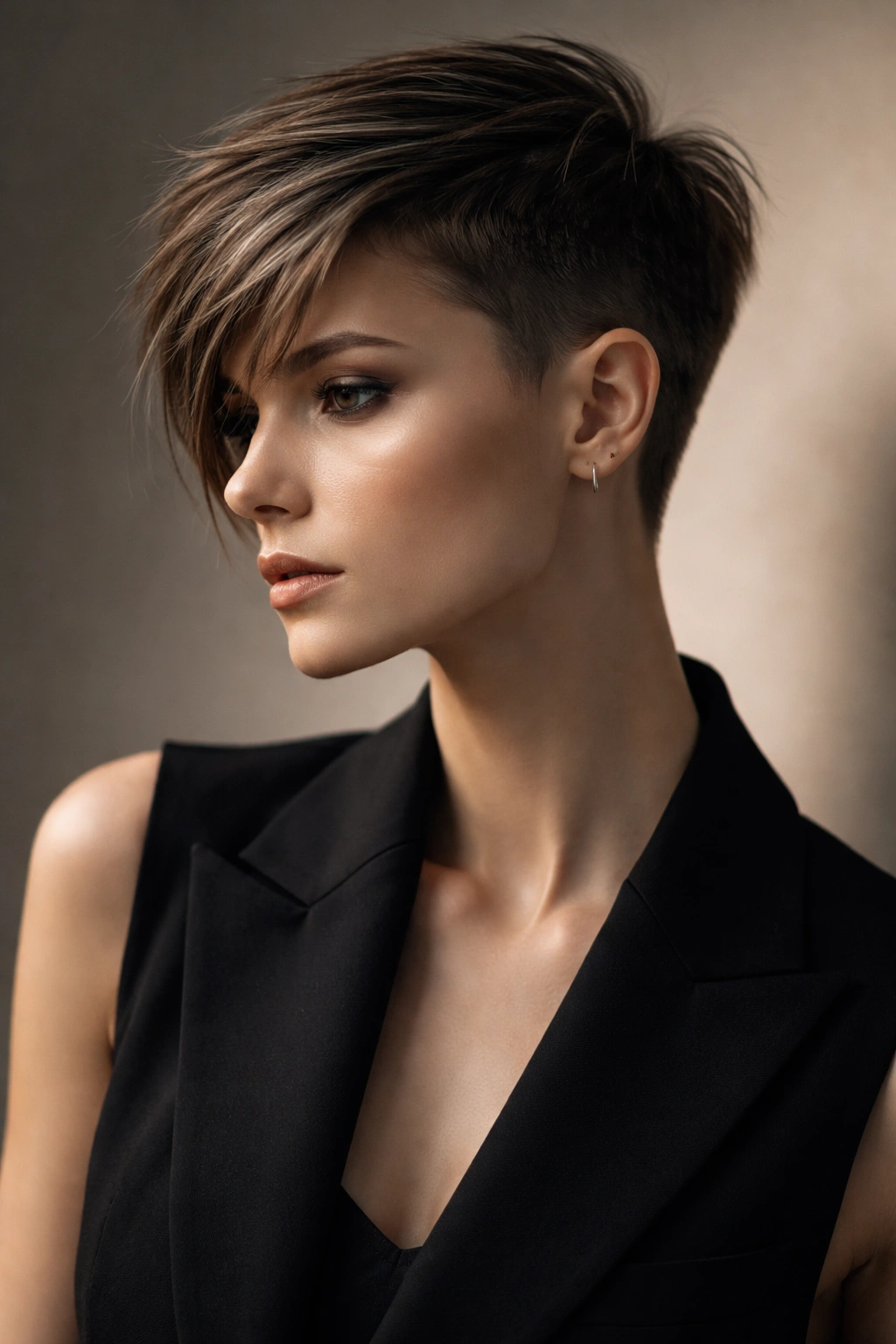Close-up of an asymmetrical short crop with uneven lengths on a single model in a neutral studio setting