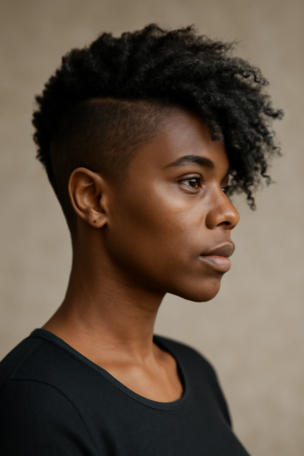 Side profile of a person with an asymmetrical short cut showing length discrepancy