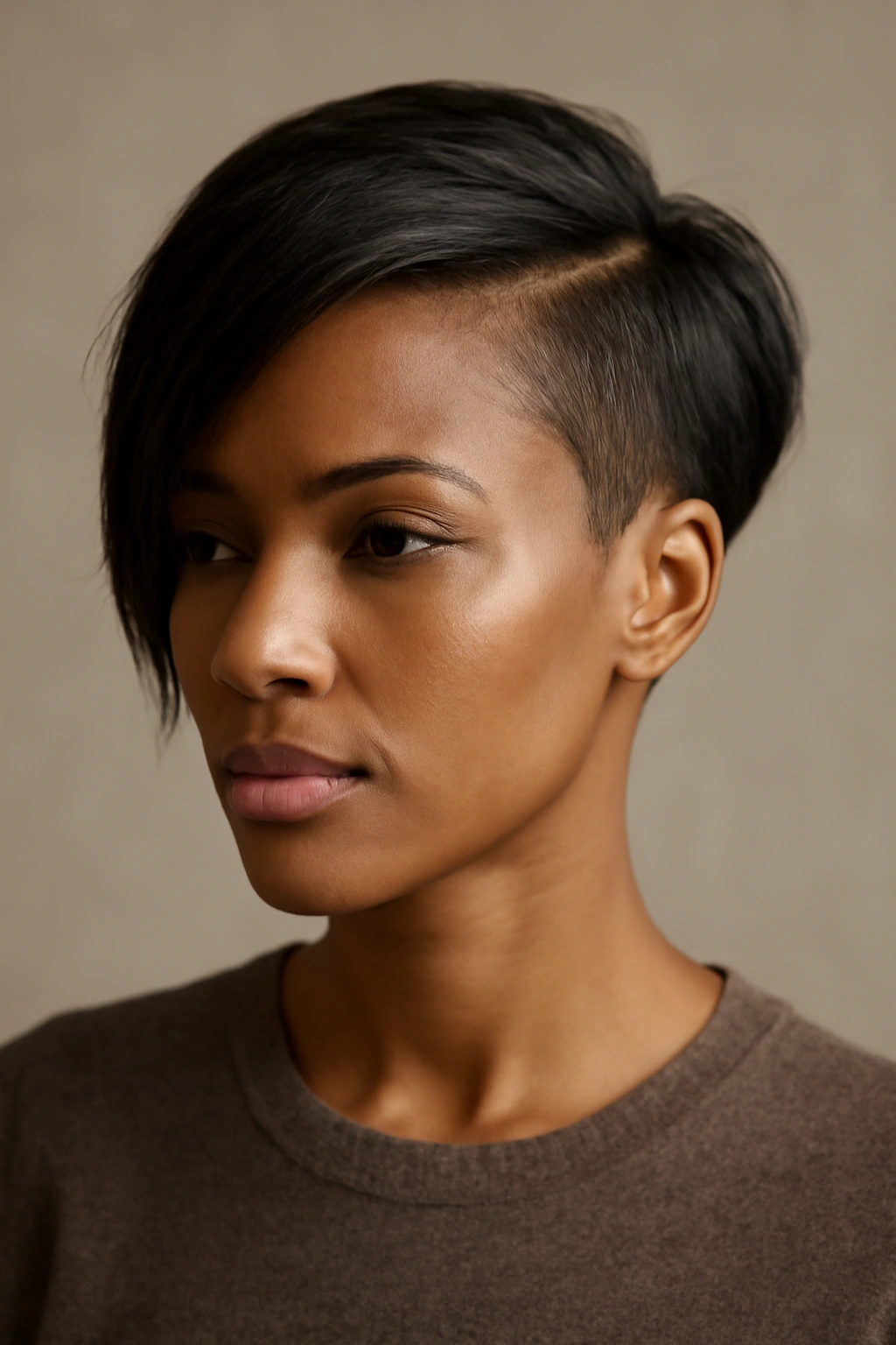Portrait of a person with an asymmetrical short cut showing dramatic length contrast.