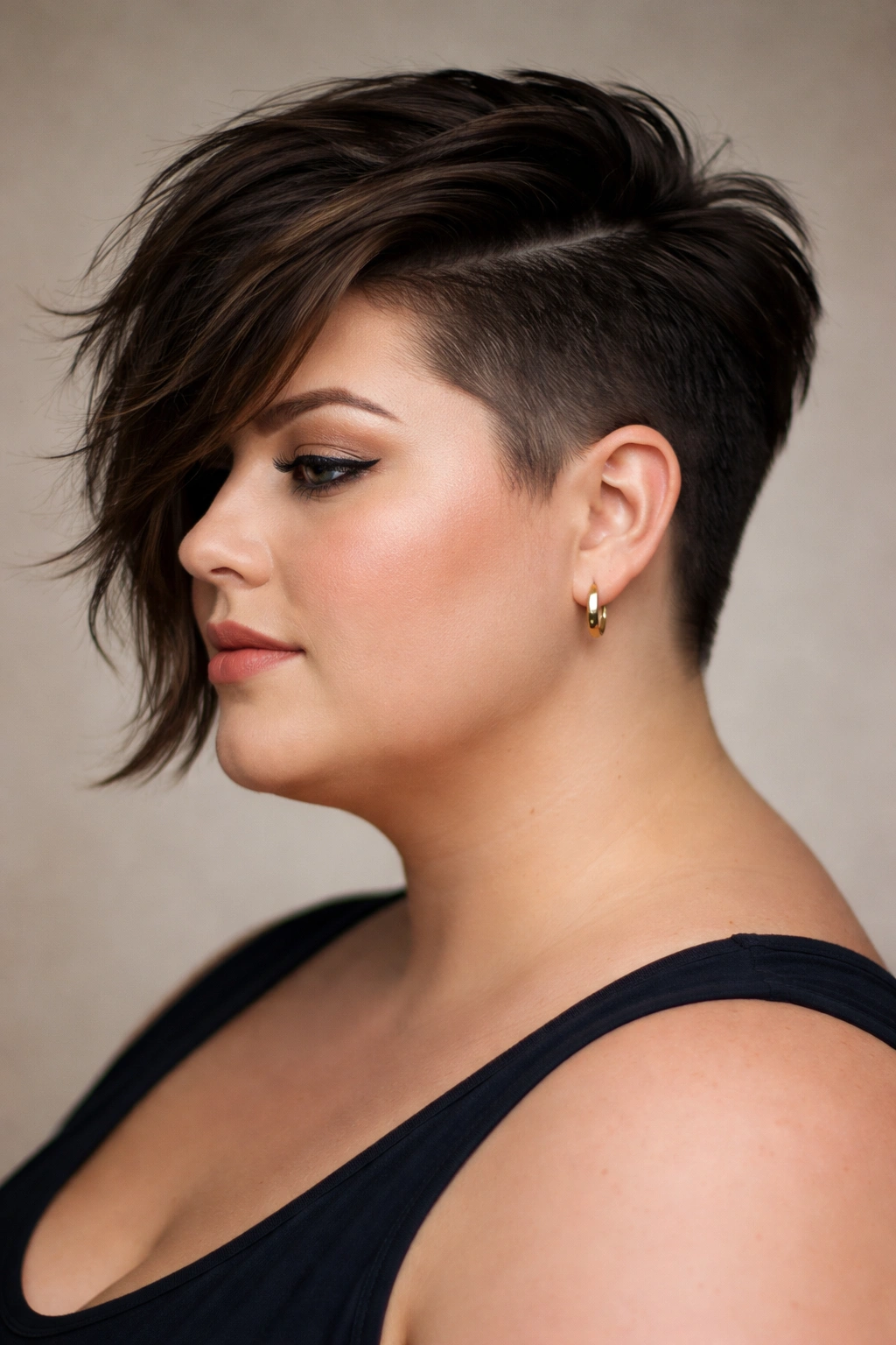 Asymmetrical short cut profile showing bold edge and length difference