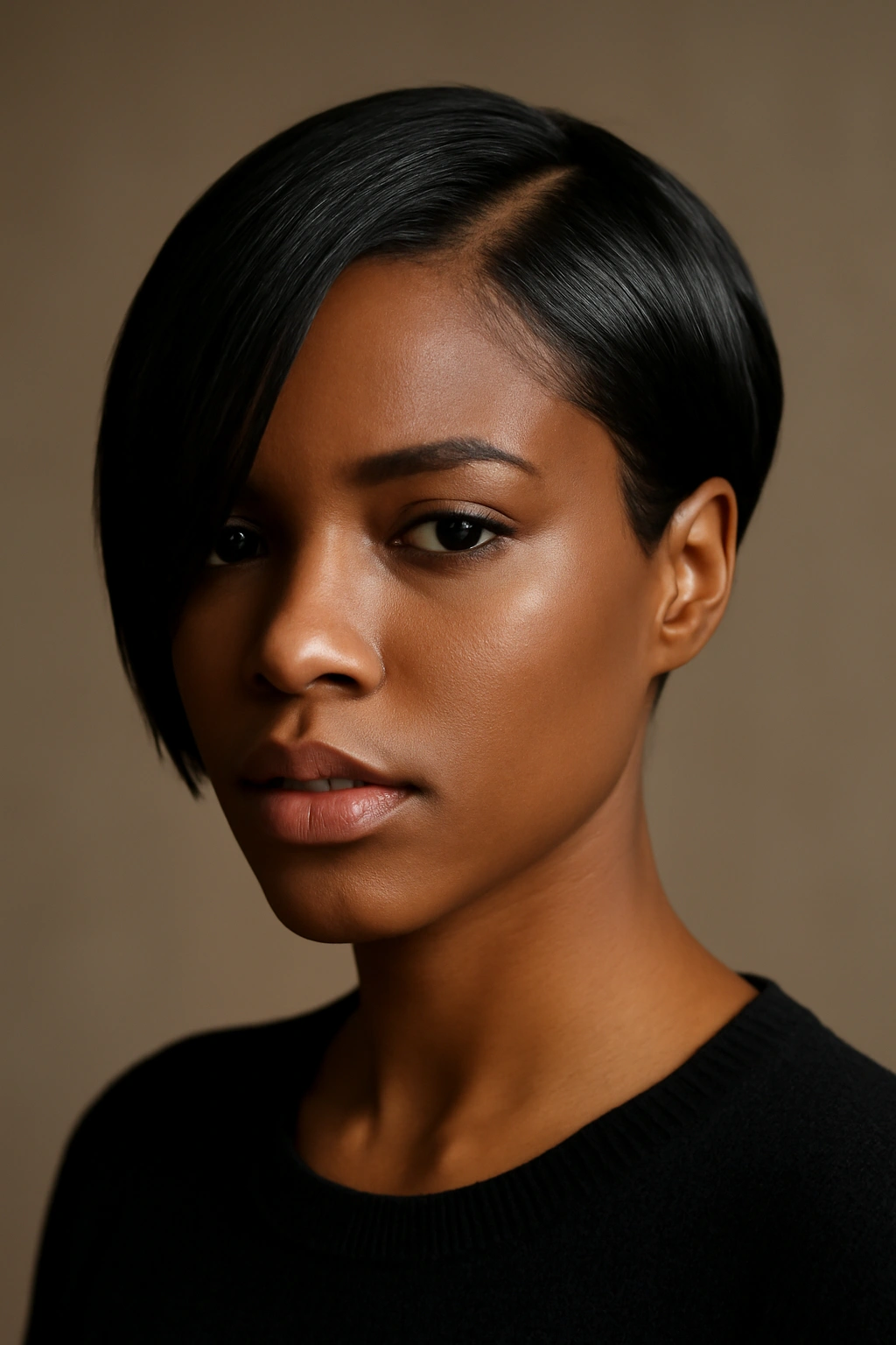 Asymmetrical short cut with off-center middle part showing longer and shorter sides