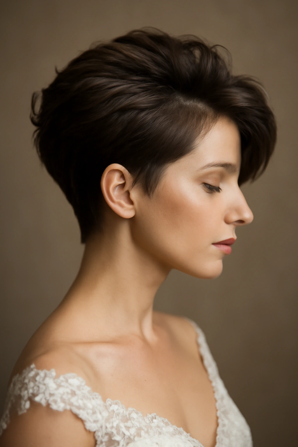Asymmetrical short hair with voluminous crown on bride
