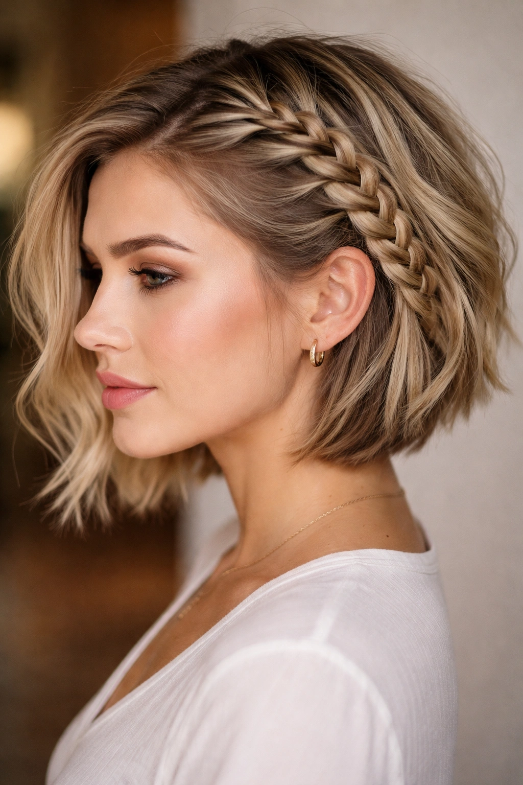 Close-up of an asymmetrical side braid on a short bob