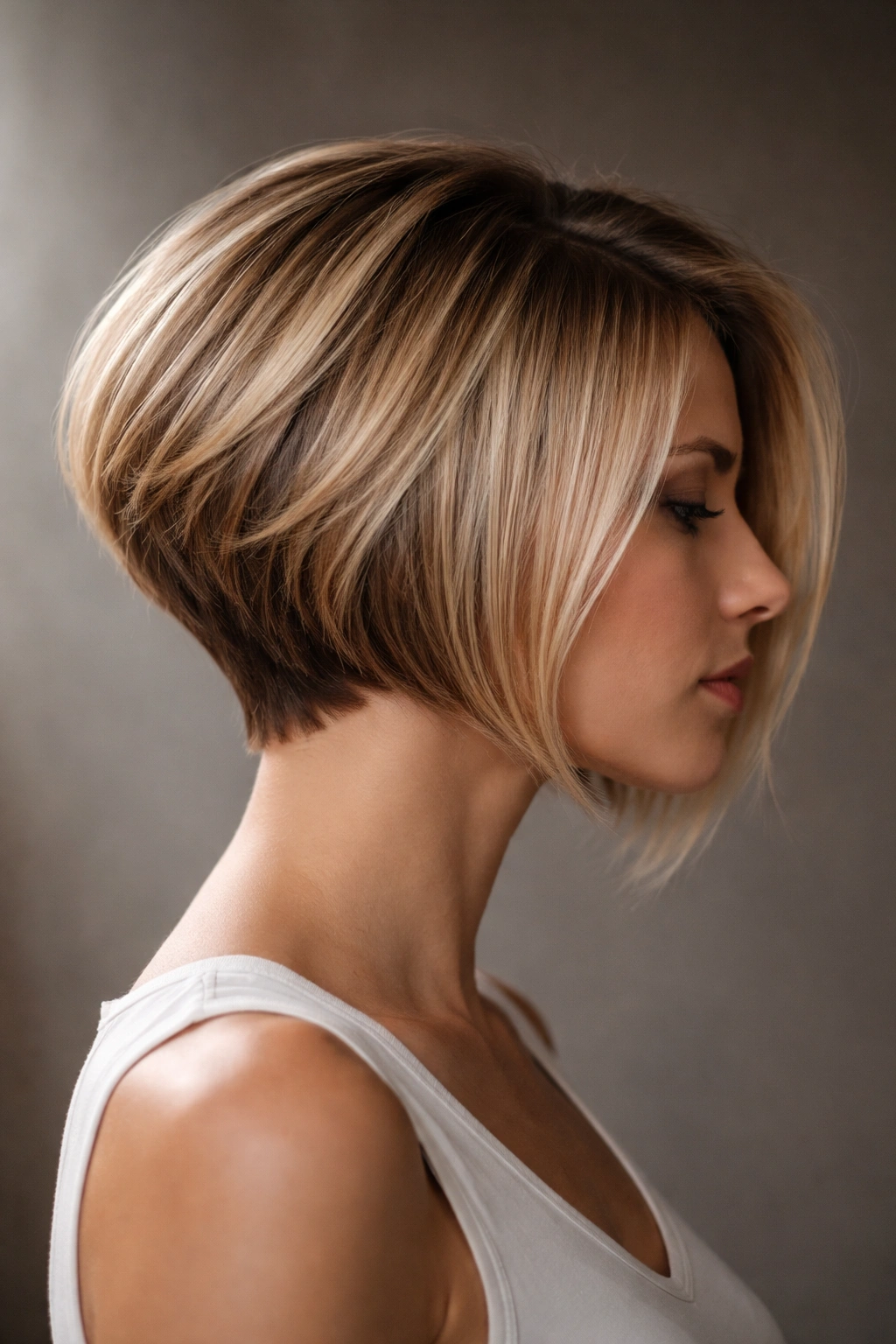 Side view of asymmetrical stacked bob with one side shorter and stacked back